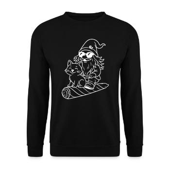 Cooler Zwerg auf fliegendem Joint mit Katze - Unisex Pullover - Schwarz - Vorne - Alina (178cm) & Michal (187cm)
