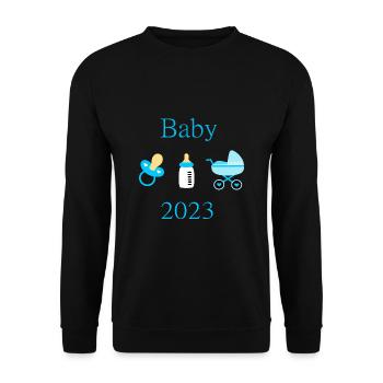 Baby 2023 Geburt Junge Vorlage personalisierbar - Unisex Pullover - Schwarz - Vorne - Alina (178cm) & Michal (187cm)