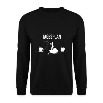 Angler Tagesplan Fischer Geschenk - Unisex Pullover - Schwarz - Vorne - Alina (178cm) & Michal (187cm)