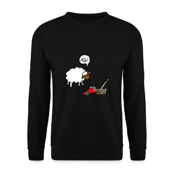 Schaf und Rasenmäher lustiger Comic Spruch Witz - Unisex Pullover - Schwarz - Vorne - Alina (178cm) & Michal (187cm)