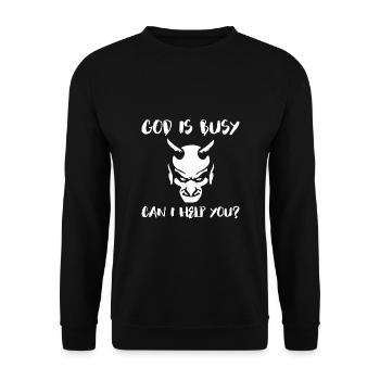 Gott ist beschäftigt, kann ich dir helfen? Teufel - Unisex Pullover - Schwarz - Vorne - Alina (178cm) & Michal (187cm)