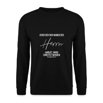 Bibelvers Rettung im Namen des Herrn - Unisex Pullover - Schwarz - Vorne - Alina (178cm) & Michal (187cm)