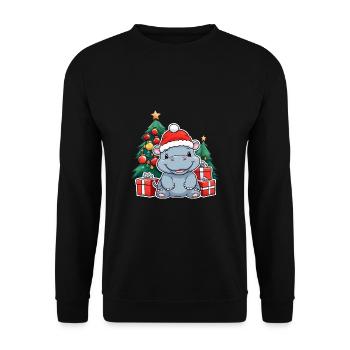 Niedliches Baby Nilpferd mit Weihnachtsmütze - Unisex Pullover - Schwarz - Vorne - Alina (178cm) & Michal (187cm)