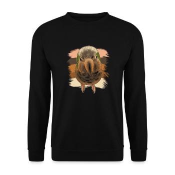 Neugieriger Retro Mönchssittich - Unisex Pullover - Schwarz - Vorne - Alina (178cm) & Michal (187cm)