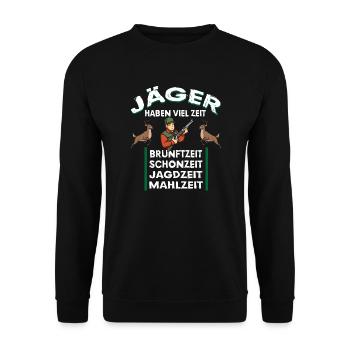 Jäger haben viel Zeit Brunftzeit Jagdzeit - Unisex Pullover - Schwarz - Vorne - Alina (178cm) & Michal (187cm)