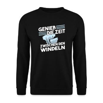Genieß die Zeit zwischen den Windeln Spruch - Unisex Pullover - Schwarz - Vorne - Alina (178cm) & Michal (187cm)