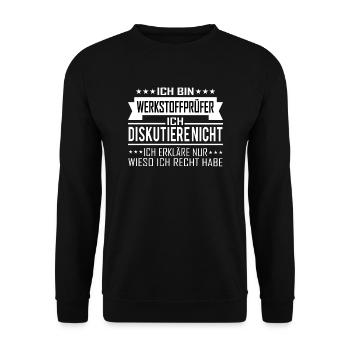 WERKSTOFFPRÜFER Ich diskutiere nicht Recht haben - Unisex Pullover - Schwarz - Vorne - Alina (178cm) & Michal (187cm)