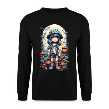 Psychedelic Adventure Anime Forest Mushroom Design - Unisex Sweatshirt - black - Front - Alina (178cm) & Michal (187cm)