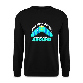 What Goes Around Comes Back Bumerang Geschenkidee - Unisex Pullover - Schwarz - Vorne - Alina (178cm) & Michal (187cm)