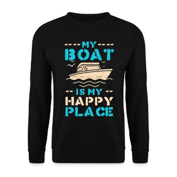 Boot als Happy Place – maritimes Motiv - Unisex Pullover - Schwarz - Vorne - Alina (178cm) & Michal (187cm)