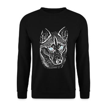Wolfsblick im Nachtlicht Husky mit blauen Augen - Unisex Pullover - Schwarz - Vorne - Alina (178cm) & Michal (187cm)