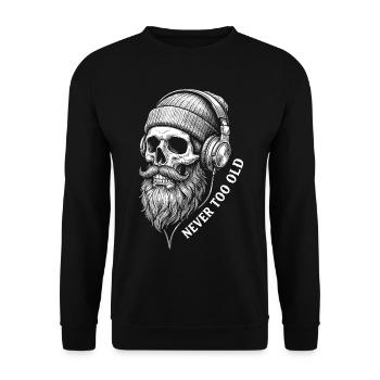 Jamais trop vieux – Crâne musical avec casque à barbe - Sweat-shirt Unisexe - noir - Devant - Alina (178cm) & Michal (187cm)