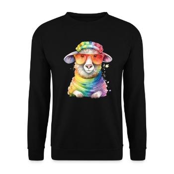 Buntes cooles Schaf mit Hut und Sonnenbrille - Unisex Pullover - Schwarz - Vorne - Alina (178cm) & Michal (187cm)