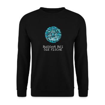 BUDDHA bei die Fische - Spruch - Unisex Pullover - Schwarz - Vorne - Alina (178cm) & Michal (187cm)