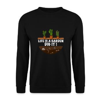 Lustiger Gärtner Spruch Das leben ist der Garten - Unisex Pullover - Schwarz - Vorne - Alina (178cm) & Michal (187cm)