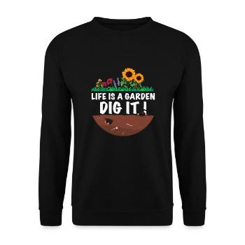 Lustiger Gärtner Spruch Das leben ist der Garten - Unisex Pullover - Schwarz - Vorne - Alina (178cm) & Michal (187cm)