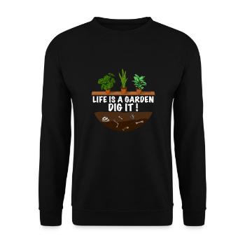 Lustiger Gärtner Spruch Das leben ist der Garten - Unisex Pullover - Schwarz - Vorne - Alina (178cm) & Michal (187cm)