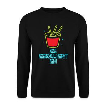 Party Spruch Es Eskaliert Eh Mallorca Urlaub JGA - Unisex Pullover - Schwarz - Vorne - Alina (178cm) & Michal (187cm)