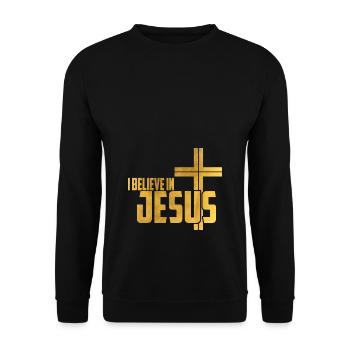 I believe in Jesus - Gott Kreuz Christus Spruch - Unisex Pullover - Schwarz - Vorne - Alina (178cm) & Michal (187cm)