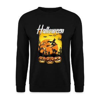 Halloween Kürbisse mit Hexe und schwarze Katze - Unisex Pullover - Schwarz - Vorne - Alina (178cm) & Michal (187cm)