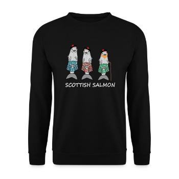 Schottischer Lachs für Fischliebhaber - schottisches Geschenk - Unisex Pullover - Schwarz - Vorne - Alina (178cm) & Michal (187cm)
