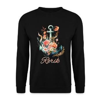 Rerik-Anker mit Blumen - Unisex Pullover - Schwarz - Vorne - Alina (178cm) & Michal (187cm)