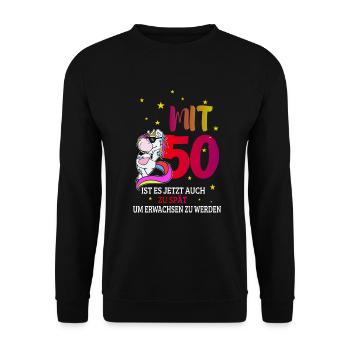 Zum 50. Geburtstag ein cooles Einhorn - Unisex Pullover - Schwarz - Vorne - Alina (178cm) & Michal (187cm)