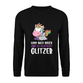 Noch näher es klatscht Glitzer Einhorn Geschenk - Unisex Pullover - Schwarz - Vorne - Alina (178cm) & Michal (187cm)