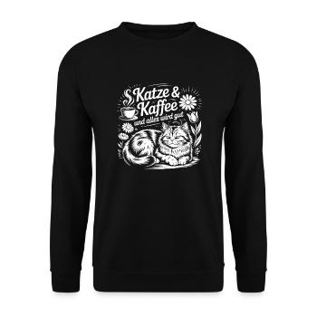 Katze und Kaffee ist alles was ich brauche - Unisex Pullover - Schwarz - Vorne - Alina (178cm) & Michal (187cm)