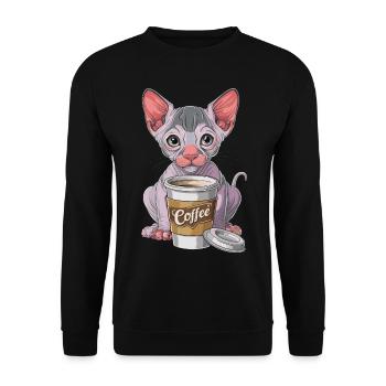 Nacktkatze mit Kaffee - Unisex Pullover - Schwarz - Vorne - Alina (178cm) & Michal (187cm)