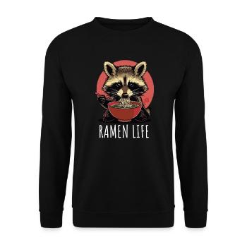 Waschbär süß mit Ramen Life Kawaii Japan - Unisex Pullover - Schwarz - Vorne - Alina (178cm) & Michal (187cm)