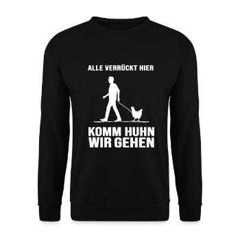 hühner hühnerleben "verrücktes huhn" - Unisex Pullover - Schwarz - Vorne - Alina (178cm) & Michal (187cm)