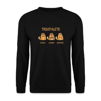 Triathlete - Eating Gaming Sleeping - Katze - Unisex Pullover - Schwarz - Vorne - Alina (178cm) & Michal (187cm)