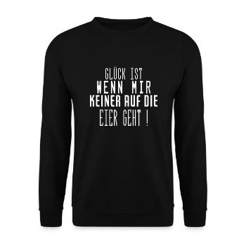 Glück ist wenn mir keiner auf die Eier geht Spruch - Unisex Pullover - Schwarz - Vorne - Alina (178cm) & Michal (187cm)