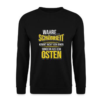 Osten Spruch Lustig DDR Mauerfall Berlin Geschenk - Unisex Pullover - Schwarz - Vorne - Alina (178cm) & Michal (187cm)