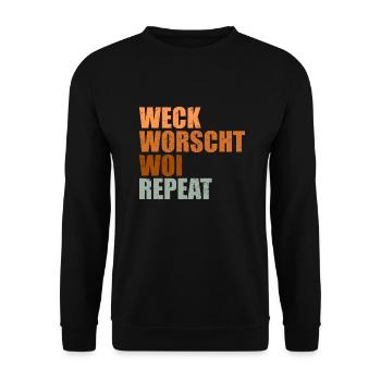 Mainz Weck Worscht Woi Repeat - Unisex Pullover - Schwarz - Vorne - Alina (178cm) & Michal (187cm)