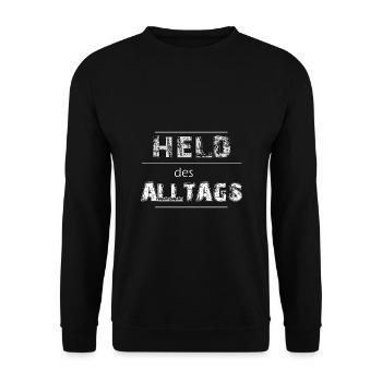 Held des Alltags Schritfzug | Yolo-Designs - Unisex Pullover - Schwarz - Vorne - Alina (178cm) & Michal (187cm)