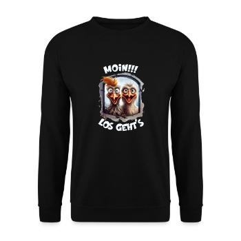 Moin Los geht's lustige Hühner Motivationsdesign - Unisex Pullover - Schwarz - Vorne - Alina (178cm) & Michal (187cm)