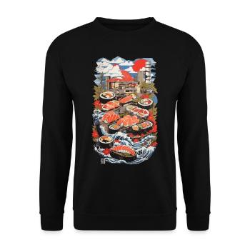 Japan Sushi Ukiyo-E Retro Food Kunst Design - Unisex Pullover - Schwarz - Vorne - Alina (178cm) & Michal (187cm)