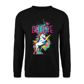 Einhorn Glaube Vintage Retro Bunt Modern Trend - Unisex Pullover - Schwarz - Vorne - Alina (178cm) & Michal (187cm)