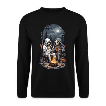 Halloween Camping Skelett Lagerfeuer Design - Unisex Pullover - Schwarz - Vorne - Alina (178cm) & Michal (187cm)