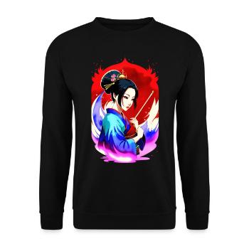 Mystische Geisha - Retro Stil - Unisex Pullover - Schwarz - Vorne - Alina (178cm) & Michal (187cm)