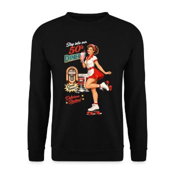 50s Diner Pin-Up auf Rollschuhen - Unisex Pullover - Schwarz - Vorne - Alina (178cm) & Michal (187cm)
