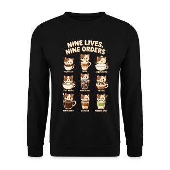 Neun Katzen neun Cafébestellungen - Unisex Pullover - Schwarz - Vorne - Alina (178cm) & Michal (187cm)