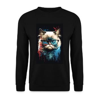 Morgenmuffel Besserwisser Katze Brille Ink - Unisex Pullover - Schwarz - Vorne - Alina (178cm) & Michal (187cm)