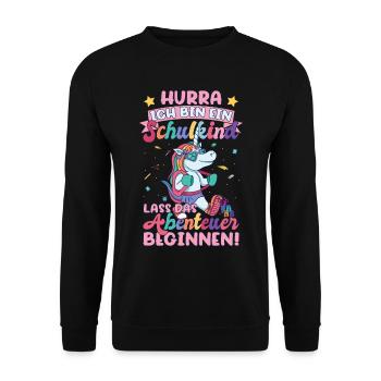 Ich bin ein Schulkind Einhorn - Unisex Pullover - Schwarz - Vorne - Alina (178cm) & Michal (187cm)