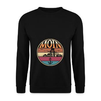 Moin Hamburg Retro Skyline Silhouette Hafen Möwen - Unisex Pullover - Schwarz - Vorne - Alina (178cm) & Michal (187cm)
