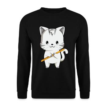 Cute Cat With Flute Kawaii Anime Japanese - Unisex Pullover - Schwarz - Vorne - Alina (178cm) & Michal (187cm)