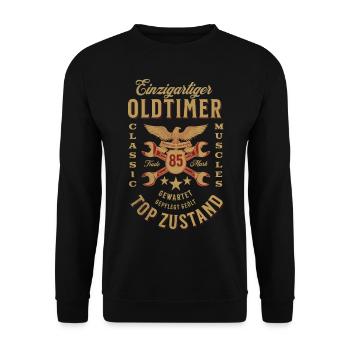 85. Geburtstag Oldtimer TOP ZUSTAND - Unisex Pullover - Schwarz - Vorne - Alina (178cm) & Michal (187cm)