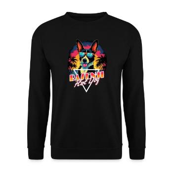 Retro Wave Basenji Hot Dog Shirt - Unisex Pullover - Schwarz - Vorne - Alina (178cm) & Michal (187cm)